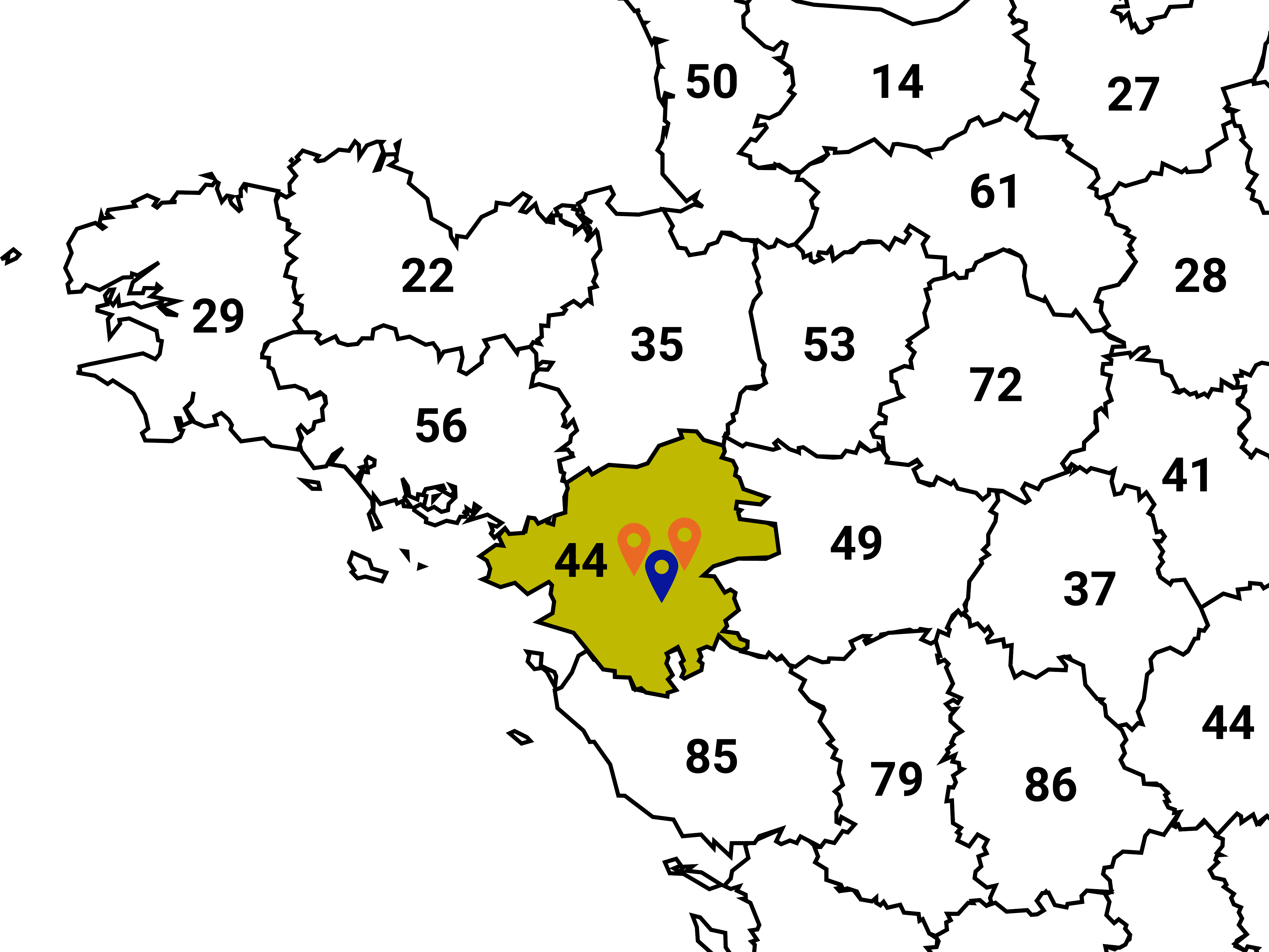 Carte de la zone de couverture Trottibox : bureau à Nantes (Loire-Atlantique) et deux usines à moins de 50 km